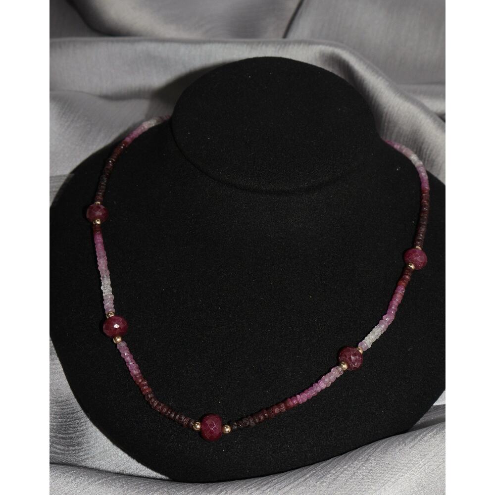 14k Yellow Gold Ruby Beads Necklace 12.2G / 18in